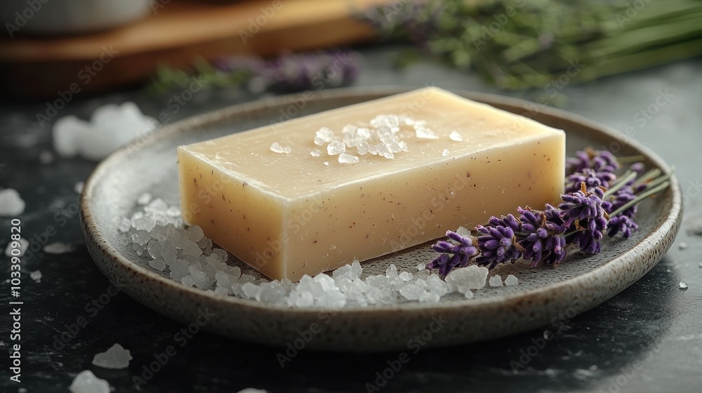 A bar of soap surrounded by salt and lavender on a plate. A bar of soap surrounded by salt and lavender on a plate.