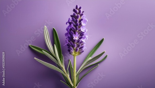 Close-Up of Vibrant Lavender Flower with Silvery Green Leaves on a Soft Purple Background. Ideal for Aromatherapy, Herbal Medicine, Spa Themes, and Natural Wellness Concepts