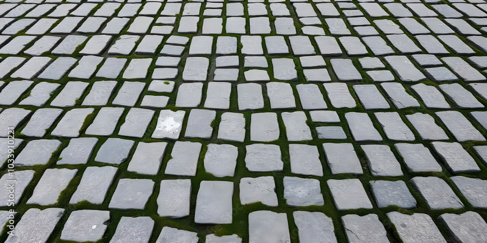 Fototapeta premium An irregular cobblestone texture featuring patches of moss, creating a rustic and natural feel that adds charm to outdoor environments.
