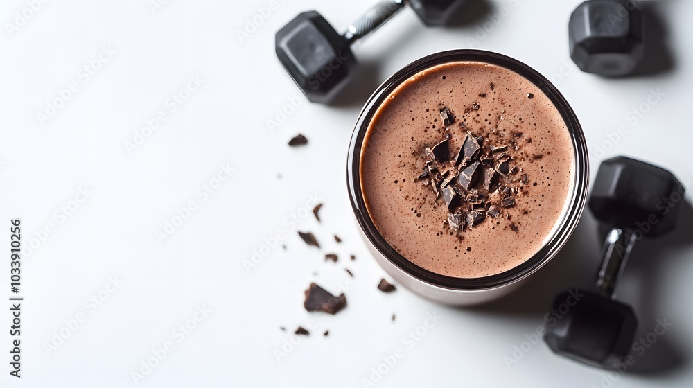 Chocolate protein shake and dumbbells isolated on white background. Chocolate protein shake and dumbbells isolated on white background.
