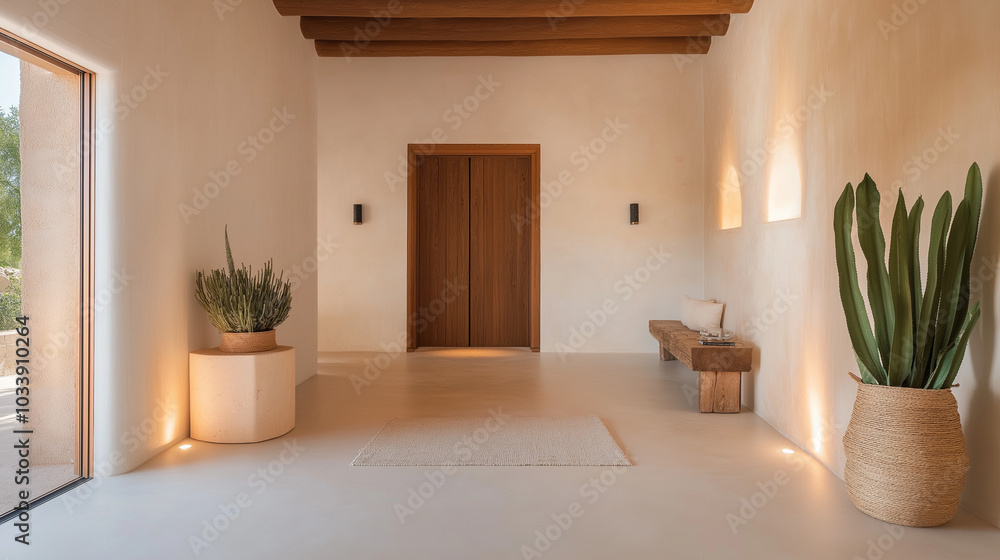 Fototapeta premium Warm and inviting hallway with soft lighting, cozy textured walls, and simple decor