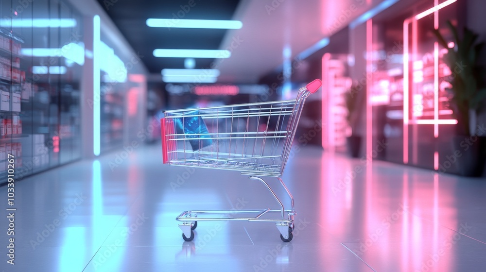 A shopping cart positioned in a modern, clean environment A shopping cart positioned in a modern, clean environment