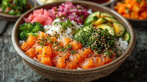 A vibrant bowl of sushi with salmon, vegetables, and rice, showcasing a colorful meal.