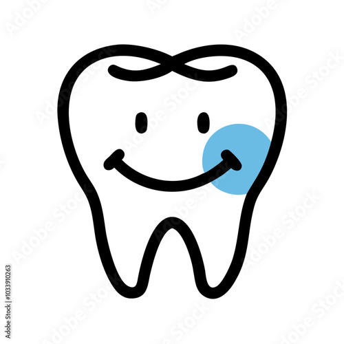 Cheerful tooth icon with black outline and blue highlight for dental care