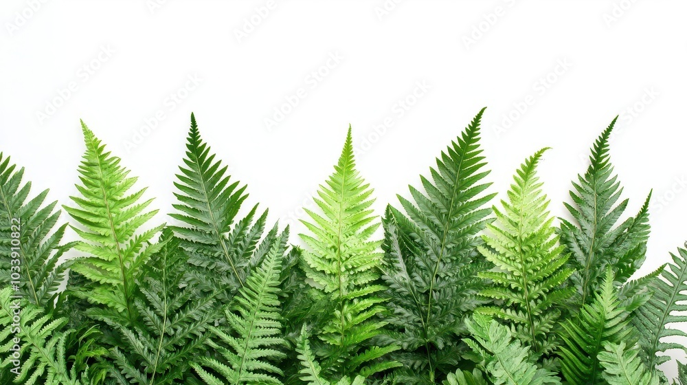an elegantly arranged display of lush green fern leaves on a clean white background, highlighting the intricate details of the foliage and showcasing the beauty of nature in a botanical design an elegantly arranged display of lush green fern leaves on a clean white background, highlighting the intricate details of the foliage and showcasing the beauty of nature in a botanical design