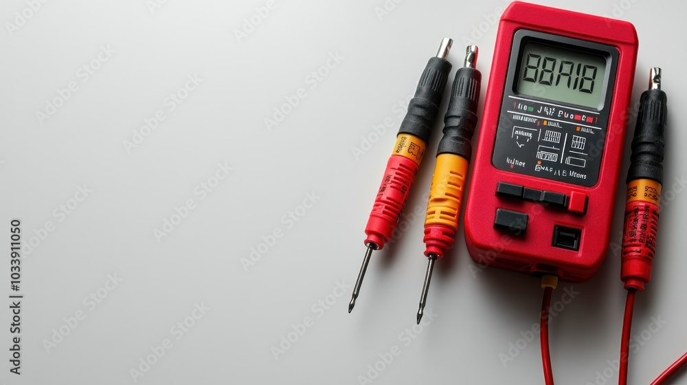 Digital multimeter with test leads on a neutral background. Digital multimeter with test leads on a neutral background.