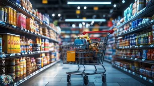 A shopping cart surrounded by digital price tags and interactive product displays, ultra detailed