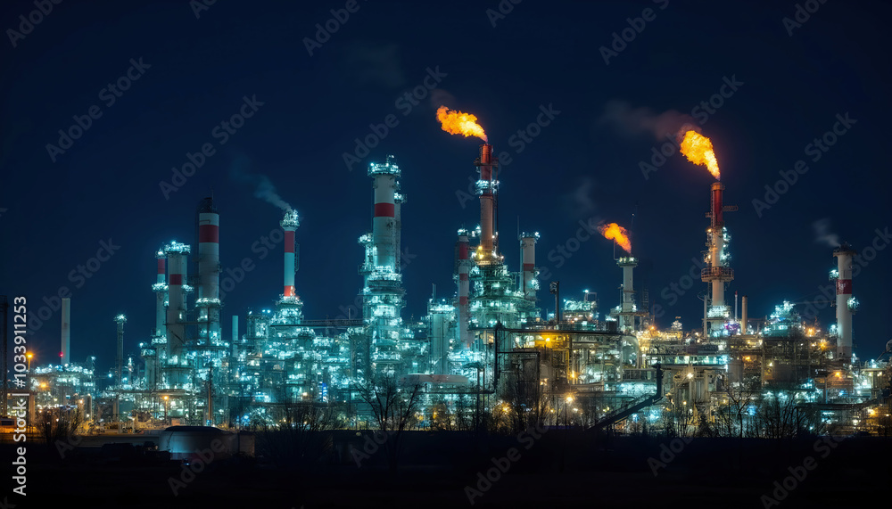 An oil refinery at night, illuminated by bright lights, showcasing the industrial landscape and intricate structures against a dark sky An oil refinery at night, illuminated by bright lights, showcasing the industrial landscape and intricate structures against a dark sky
