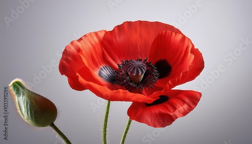 Macro Close-up of Vibrant Red Poppy Flower with Intricate Petal Texture and Black Center, Symbolizing Remembrance, Beauty in Nature, or Elegance for Botanical, Memorial, or Design Concepts