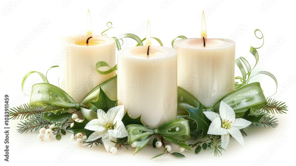 Three white candles with green bows Three white candles with green bows