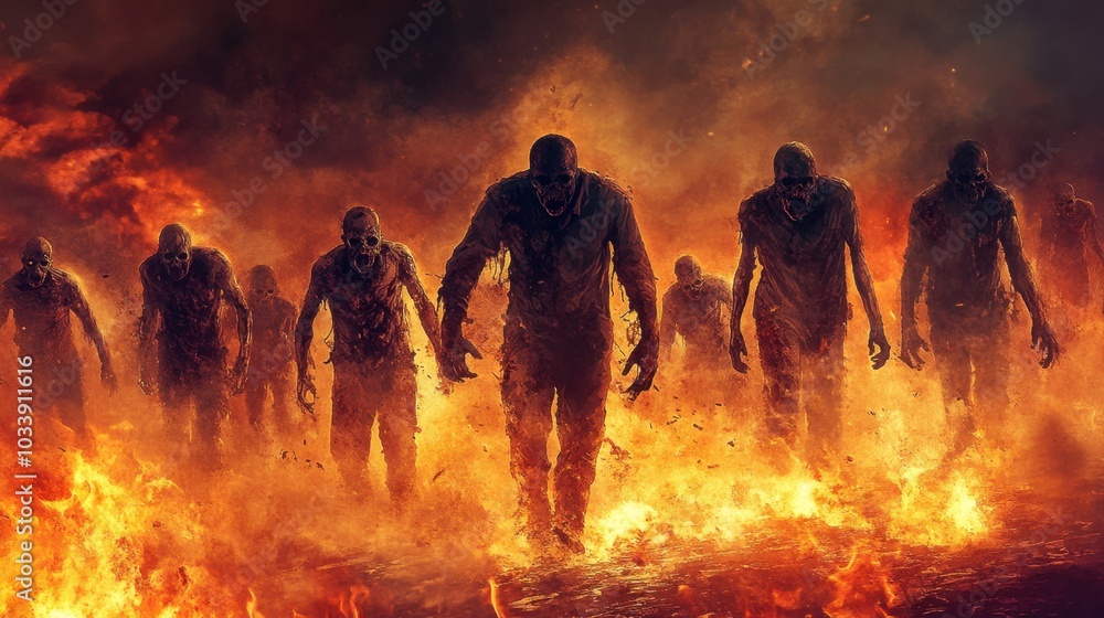 Fototapeta premium Apocalyptic Zombies Rising from Fiery Inferno on Dark Banner Background