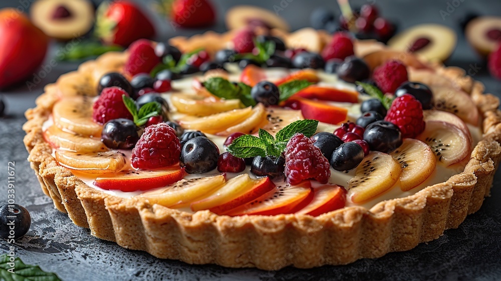 A vibrant fruit tart topped with assorted berries and sliced apples, showcasing a delicious dessert. A vibrant fruit tart topped with assorted berries and sliced apples, showcasing a delicious dessert.