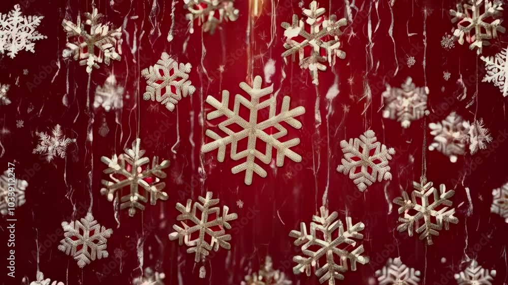Christmas animation on red background with 3D gold snowflakes, designed for festive greetings, holiday cards, and winter-themed video content. Christmas animation on red background with 3D gold snowflakes, designed for festive greetings, holiday cards, and winter-themed video content.