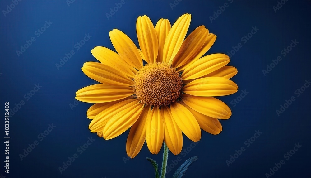 Naklejka premium Vibrant Yellow Sunflower in Full Bloom Against a Deep Blue Background, Showcasing Detailed Petals and a Central Spiral Pattern. Ideal for Nature Concepts, Brightness Themes, or Calm Serenity Imagery