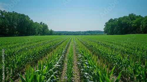 an organic maize farm stretches into the distance, showcasing rows of vibrant green plants under a clear blue sky. the sweet corn garden symbolizes growth and abundance in the countryside