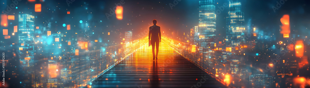Floating Bridge Concept: Tracking Shot of Glowing Bridge Linking Profit and Community, Skyscrapers vs. Diverse Neighborhoods, Business Figures Cross, ESG Compromise Emphasized, Bokeh Background - Phot Floating Bridge Concept: Tracking Shot of Glowing Bridge Linking Profit and Community, Skyscrapers vs. Diverse Neighborhoods, Business Figures Cross, ESG Compromise Emphasized, Bokeh Background - Phot