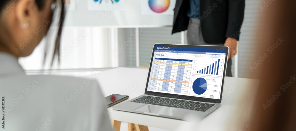 Fototapeta premium Spreadsheet document information financial startup concept. data and graphs in spreadsheet documents for online analysis project dashboard accounting digital snugly
