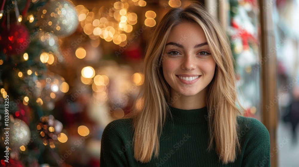 Half body shot of a Caucasian woman with straight blonde hair, wearing a festive green sweater, standing in front of a beautifully decorated store window with holiday lights, copy space, Christmas Half body shot of a Caucasian woman with straight blonde hair, wearing a festive green sweater, standing in front of a beautifully decorated store window with holiday lights, copy space, Christmas
