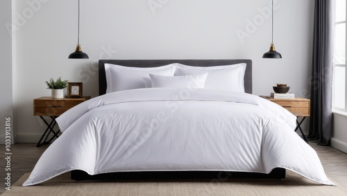 Elegant bedding set mockup featuring a duvet, pillows, and bedsheets. Perfect for showcasing your textile designs