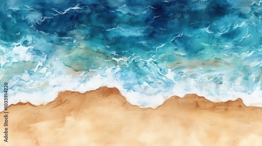 artistic aerial watercolor depiction of a beach scene, blending shades of brown sand and vibrant blue sea waves, creating a serene backdrop for relaxation artistic aerial watercolor depiction of a beach scene, blending shades of brown sand and vibrant blue sea waves, creating a serene backdrop for relaxation