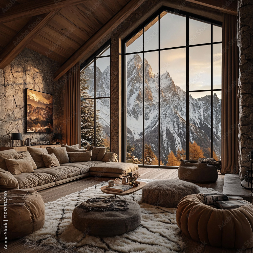 cozy warm home interior of a chic country chalet with a huge panoramic window overlooking the winter forest. open plan, wood decoration, warm colors and a family hearth.
cozy warm home interior of a chic country chalet with a huge panoramic window overlooking the winter forest. open plan, wood decoration, warm colors and a family hearth.