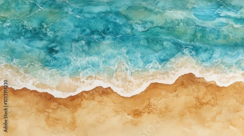 artistic aerial watercolor depiction of a beach scene, blending shades of brown sand and vibrant blue sea waves, creating a serene backdrop for relaxation