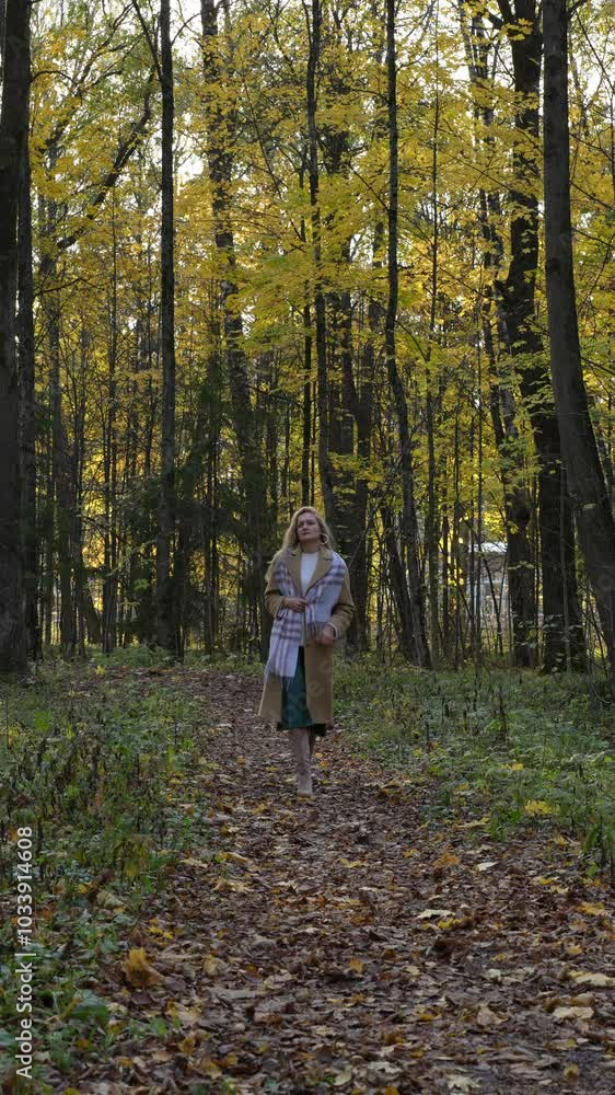 Young woman with blonde hair in beige coat walking in a peaceful autumn forest. The warm sunlight and golden leaves create a cozy, serene atmosphere. Young woman with blonde hair in beige coat walking in a peaceful autumn forest. The warm sunlight and golden leaves create a cozy, serene atmosphere.