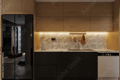 Modern kitchen decorated with black fridge, black cupboard, and hardboard cabinet.