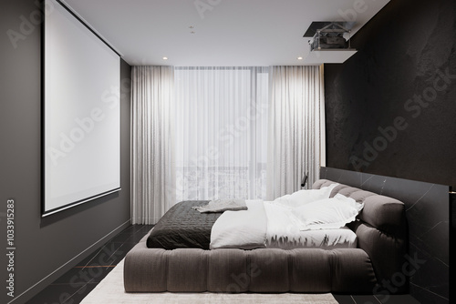 Gray and black Comfy bed with glass door Almira, a projector hanging on the wall. a large window. photo