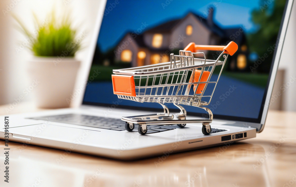 Shopping cart sitting on laptop keyboard showing house on screen symbolizing online real estate market Shopping cart sitting on laptop keyboard showing house on screen symbolizing online real estate market