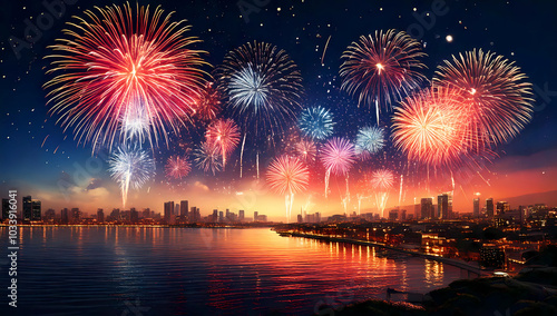 fireworks night sky with a city in the background