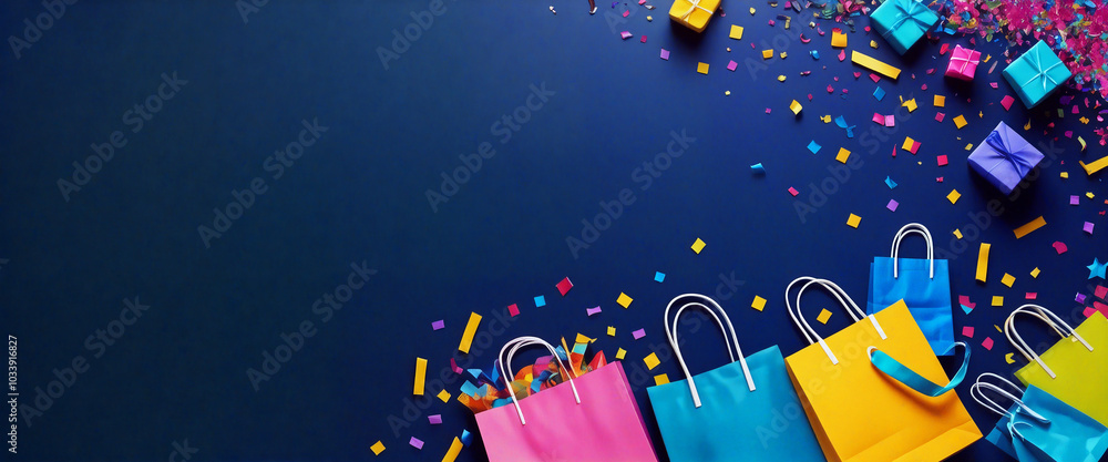 Fototapeta premium Shopping bags and gift boxes lying on blue background with confetti