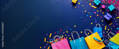 Shopping bags and gift boxes lying on blue background with confetti