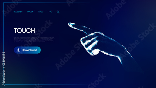 Wireframe robot hand in low poly style. Futuristic wireframe hand pointing on a blue digital interface background. Science, future technology.