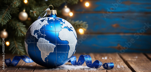 Blue christmas ornament shaped like earth celebrating christmas around the world