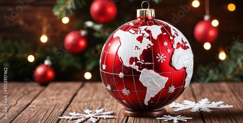 Red christmas globe with world map on rustic wooden table with lights