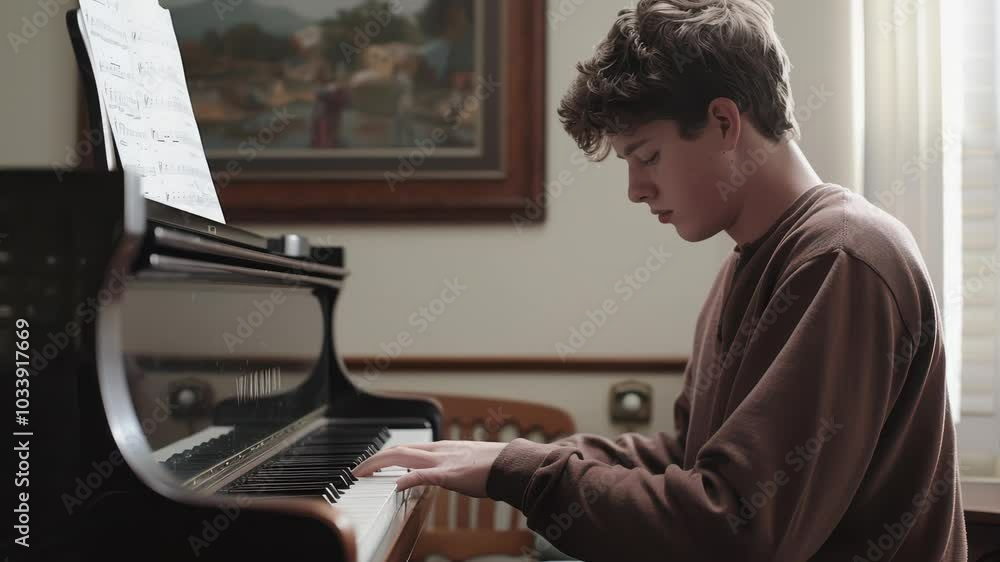 A Passionate Young Man Playing the Piano with Intense Focus in a Cozy Setting Perfect for Music Enthusiasts and Art Lovers. A Passionate Young Man Playing the Piano with Intense Focus in a Cozy Setting Perfect for Music Enthusiasts and Art Lovers.