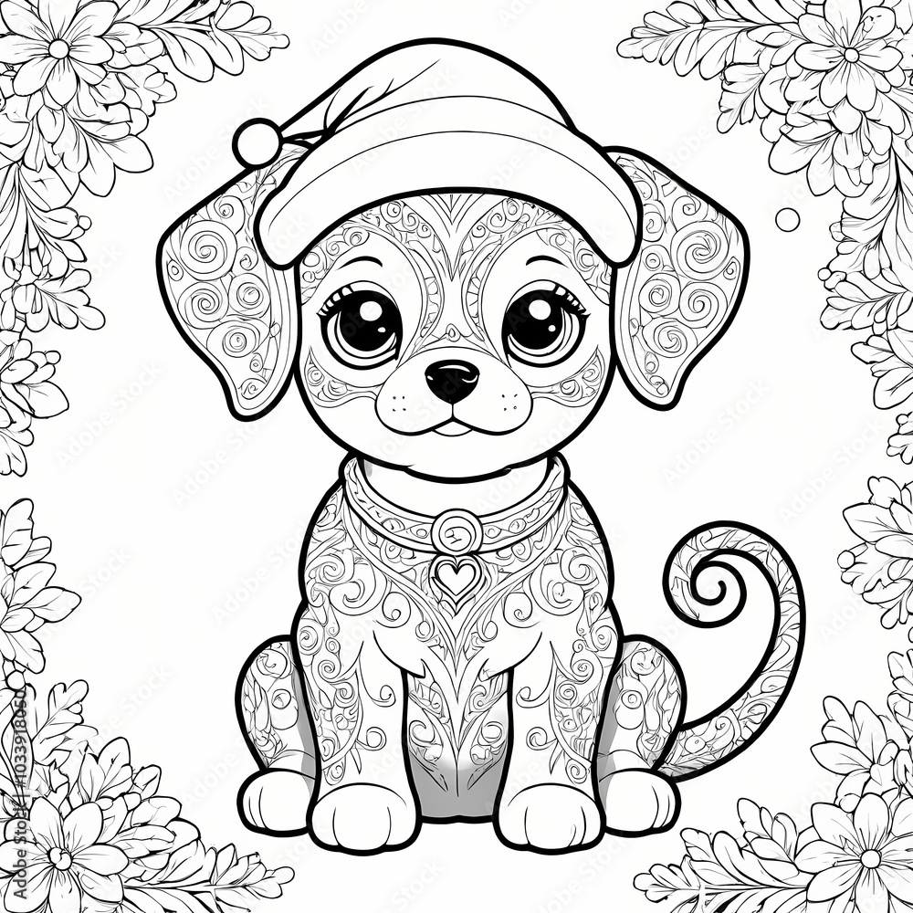 Cute Kawaii Baby Dog with Christmas Hat Coloring Book Page Cute Kawaii Baby Dog with Christmas Hat Coloring Book Page