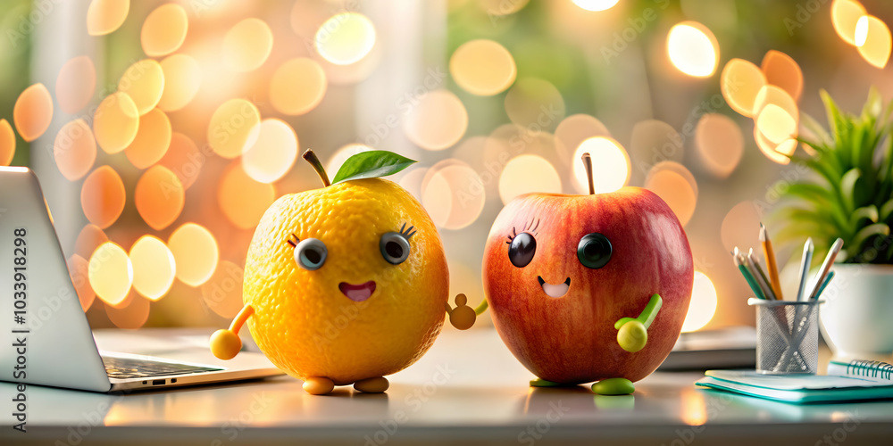 Happy Fruits Budget Review: Two Adorable Characters Assess Financial Plans in a Bright Office with Soft Lighting and Bokeh Effect in Photo Stock Concept Happy Fruits Budget Review: Two Adorable Characters Assess Financial Plans in a Bright Office with Soft Lighting and Bokeh Effect in Photo Stock Concept
