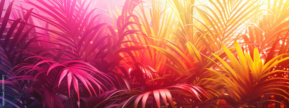 Vibrant tropical foliage featuring lush, multicolored palm leaves in shades of pink, yellow, and orange, creating a warm, exotic ambiance. Vibrant tropical foliage featuring lush, multicolored palm leaves in shades of pink, yellow, and orange, creating a warm, exotic ambiance.