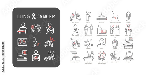 lung disease line icons, such as inhaler, nebulizer, bronchoscopy, copd, cough. Lung Cancer. Symptoms, Causes, Treatment.
