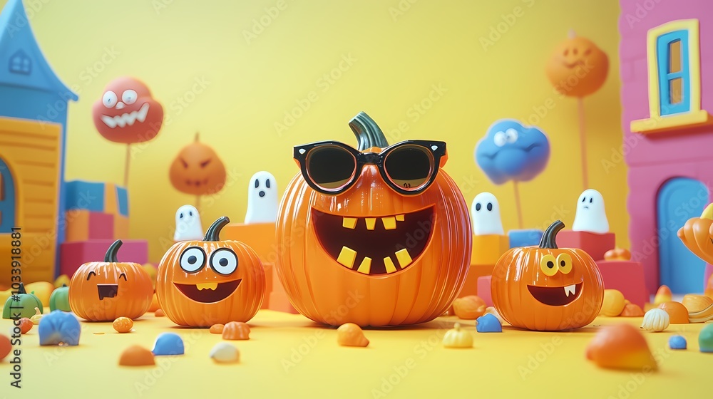 Obraz premium Playful pumpkins with big smiles and sunglasses in a vibrant Halloween setting.