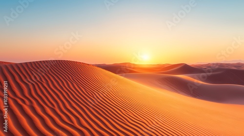 Golden sunlit desert dunes, lowangle wide shot, warm evening light casting long shadows, glowing horizon