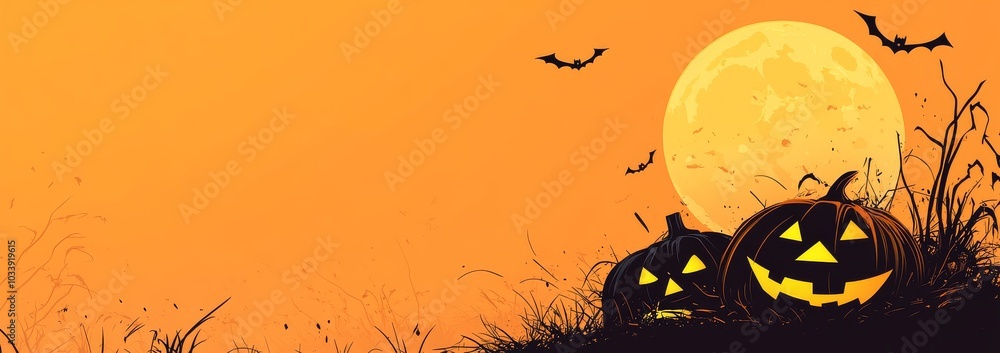 Charming Halloween card design featuring pumpkins and a full moon on an orange background, perfect for festive greetings. Charming Halloween card design featuring pumpkins and a full moon on an orange background, perfect for festive greetings.