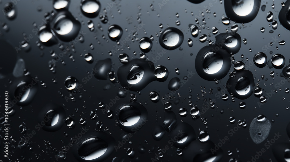 Water drops on a black background. Banner with raindrops. Top view. Water drops on a black background. Banner with raindrops. Top view.