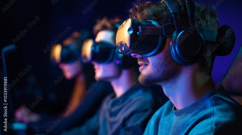 Gamers wearing communication headsets. Remote communication. Gamers wearing communication headsets. Remote communication.