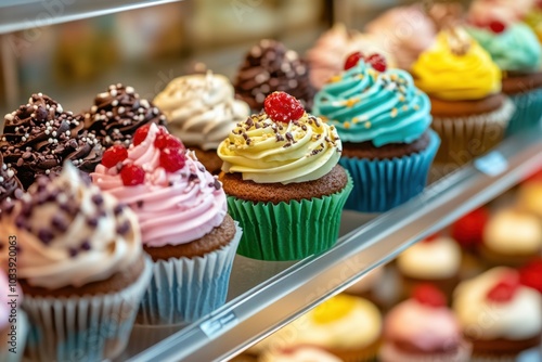 A display of colorful cupcakes with various toppings on a bakery shelf, with blank space for text. Perfect for commercial use in promoting sweet bakery treats. 