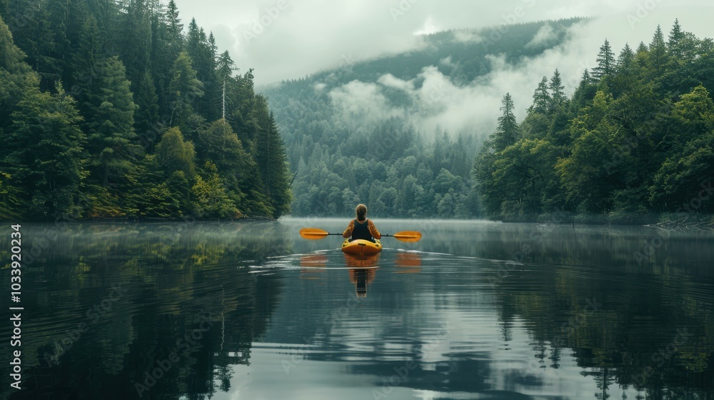 Serene Kayaker on Calm Lake in Misty Forest Serene Kayaker on Calm Lake in Misty Forest
