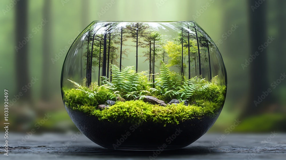 A closed glass terrarium containing a tiny forest, complete with ferns, miniature trees, and mossy ground, soft daylight enhancing the vivid green tones, A closed glass terrarium containing a tiny forest, complete with ferns, miniature trees, and mossy ground, soft daylight enhancing the vivid green tones,