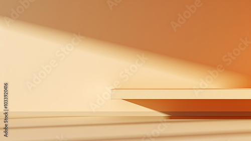 Biege background with shadow on the wall. Showcase, empty space for ad text on pastel light background.